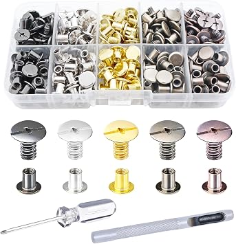 150 Pcs Leather Rivets Kit, Chicago Screws, Binding Screw Set, Rivets Studs for Clothing Crafts Clothes Shoes Jackets Backpack Bookbinding Belts5 Colors, with Leather Punch Set