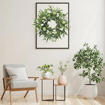 22-24 Green Eucalyptus Wreaths for Front Door with White Flowers Lifelike Spring, Summer, and Winter Wreath for Farmhouse Porch, Window, Door Decor