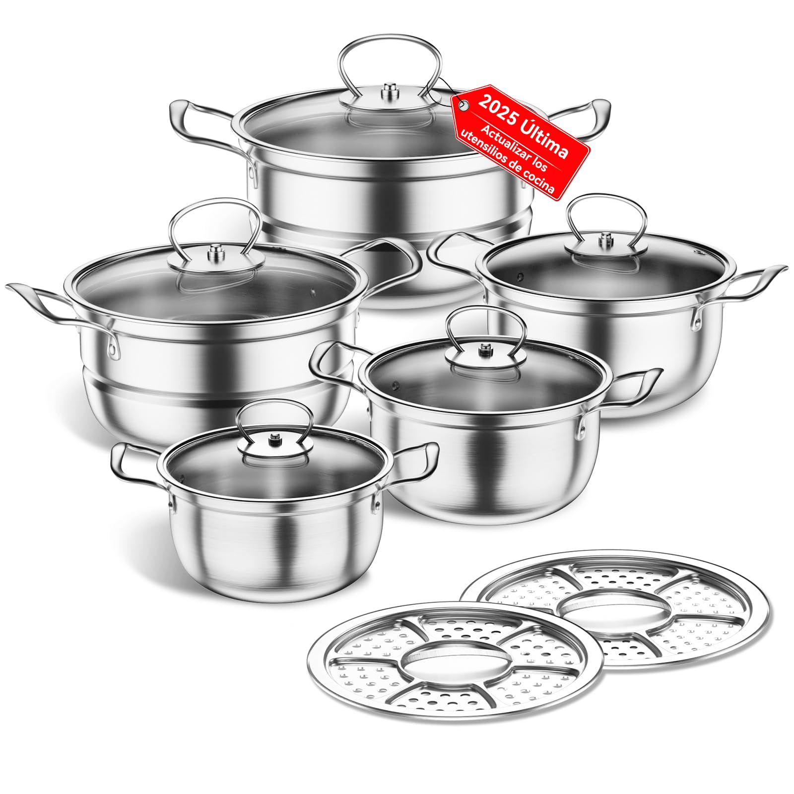 Juego de utensilios de cocina de acero inoxidable, 12 piezas de utensilios de cocina de inducción, sin recubrimiento, compatible con cocinas de inducción, gas, con tapa de vidrio (Plata clara)