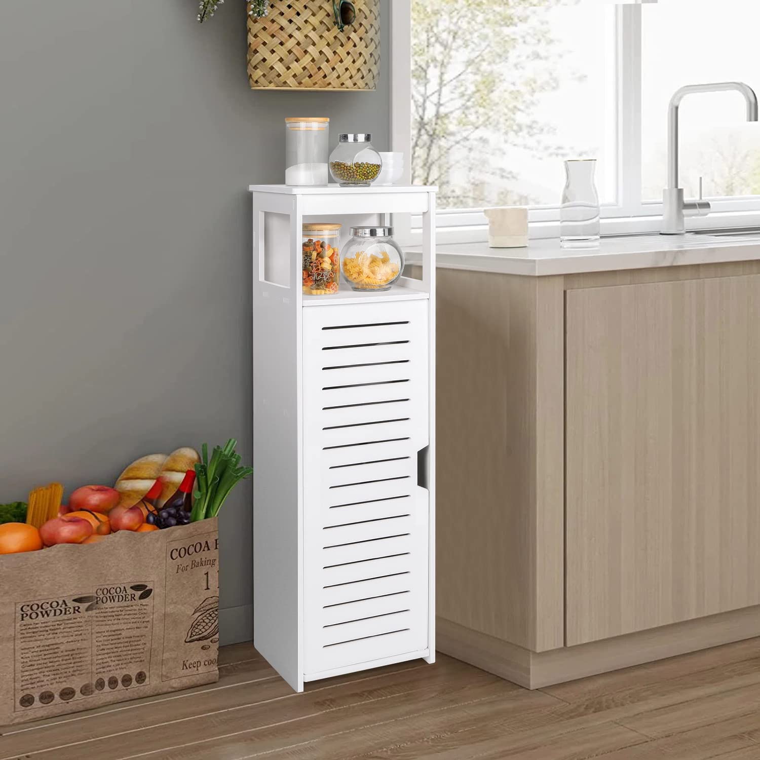 VOGGV Armadietto da bagno autoportante con 1 porta e ripiani per casa, cucina, soggiorno e corridoio, 22 x 20 x 75 cm, bianco