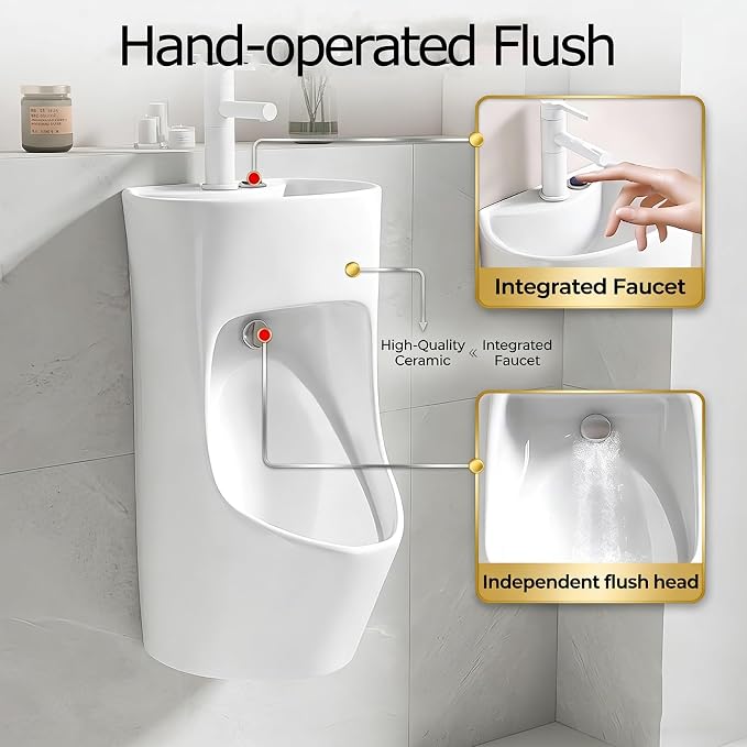 Urinal de pared con lavamanos integrado, urinal cerámico para hombres con botón de descarga manual y grifo retráctil giratorio 360°, diseño ahorrador de espacio para baño de hombres, uso doméstico, de oficina y comercial miniatura 5