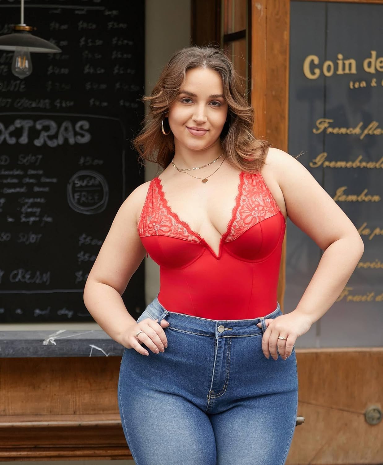 Popilush Lace Body Suits for Womens Tummy Control Deep V Neck Shapewear Bodysuit - Image 3