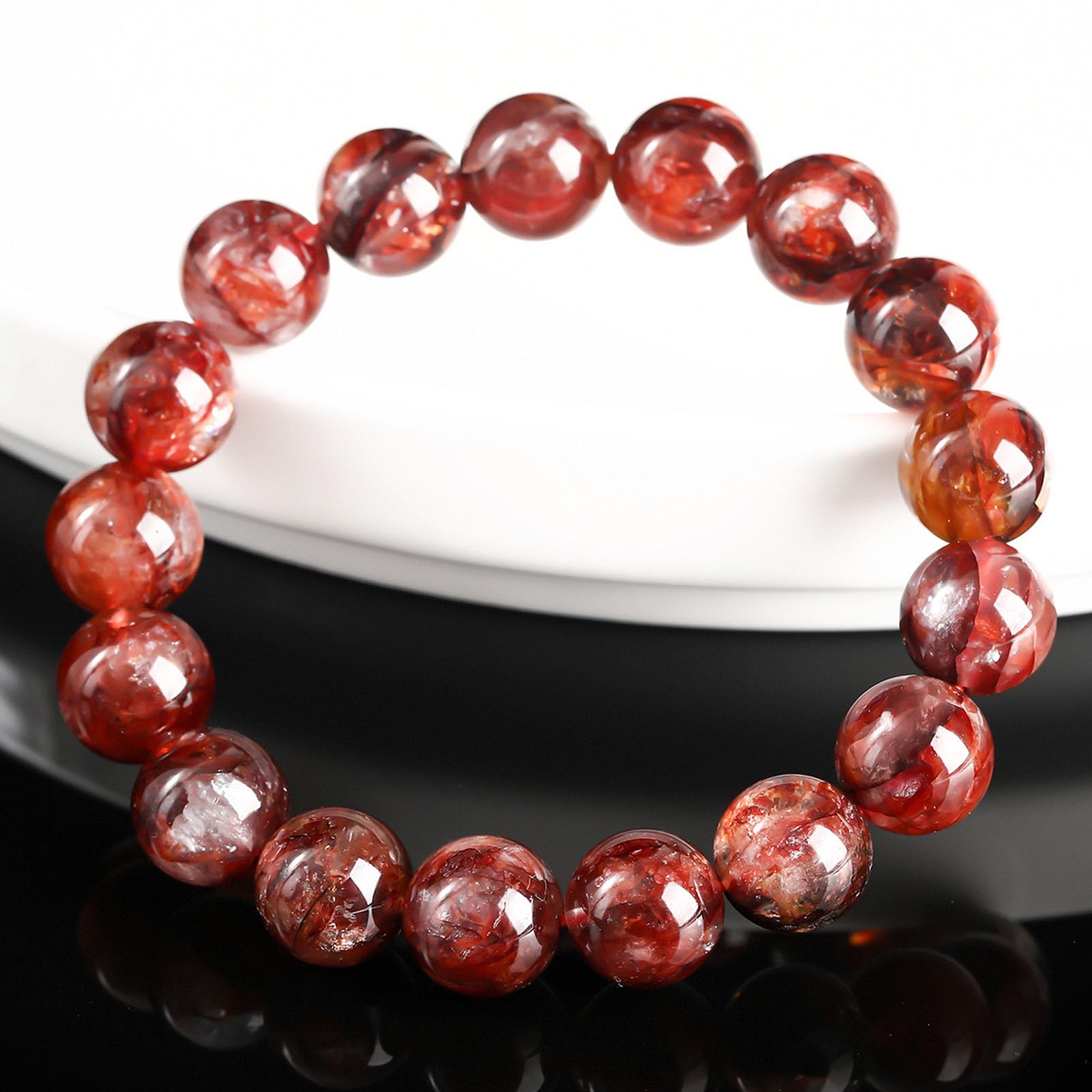 Natürliches Edelstein-Perlen-Stretch-Armband, Quarz-Rotgummi-Blumen-Energiestein, runde Perlenarmbänder, Heilkristall-Steinperlen, Geschenke für Frauen und Männer,11~12mm