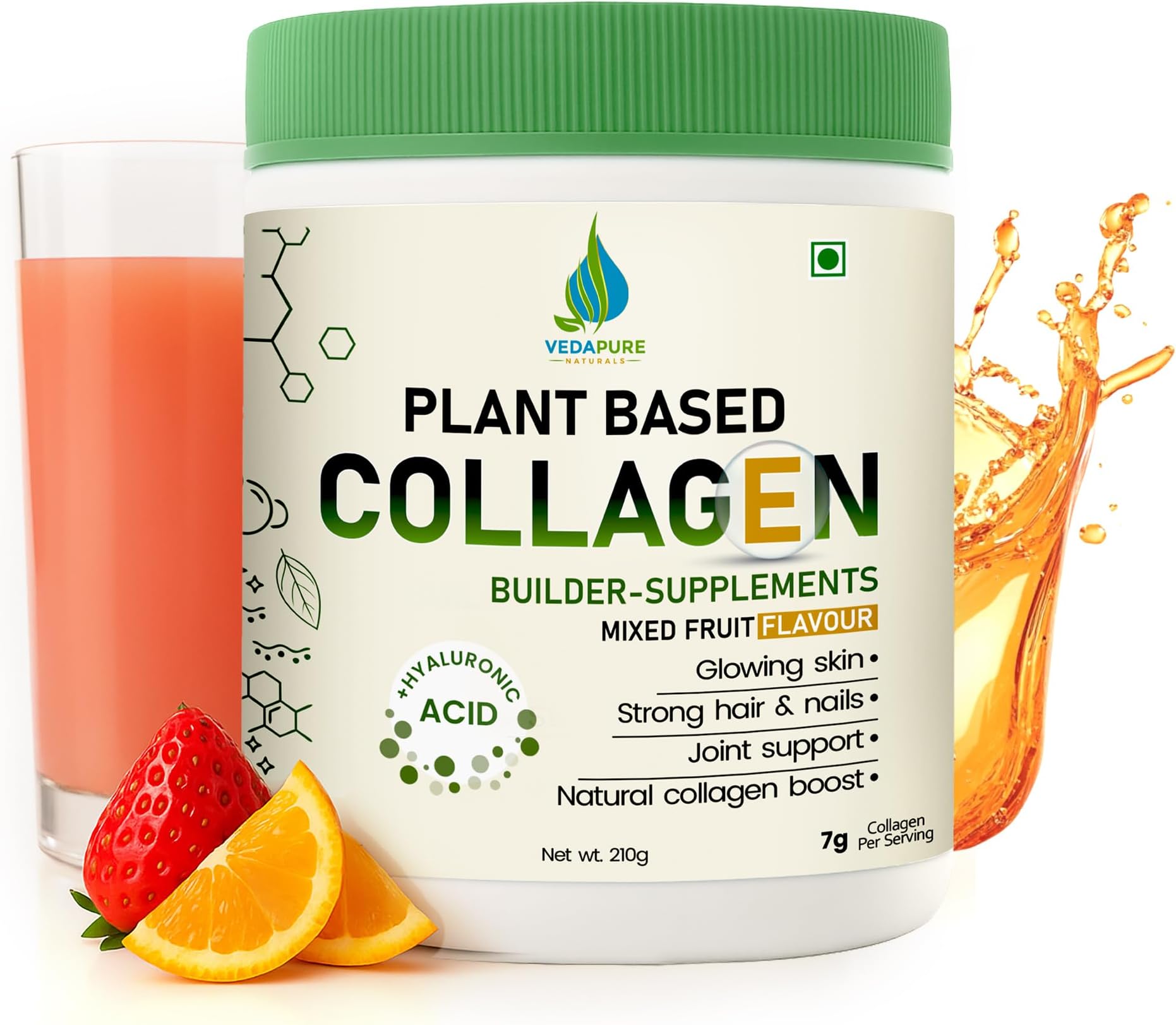 VEDAPURE Plant Collagen Peptides Powder | 7.05 oz Plant Based Vegan Organic Powder peptide Drink Mix with Hyaluronic Acid, Biotion, Vitamin E & C, Healthy Skin, Joints, Hairs, Nails