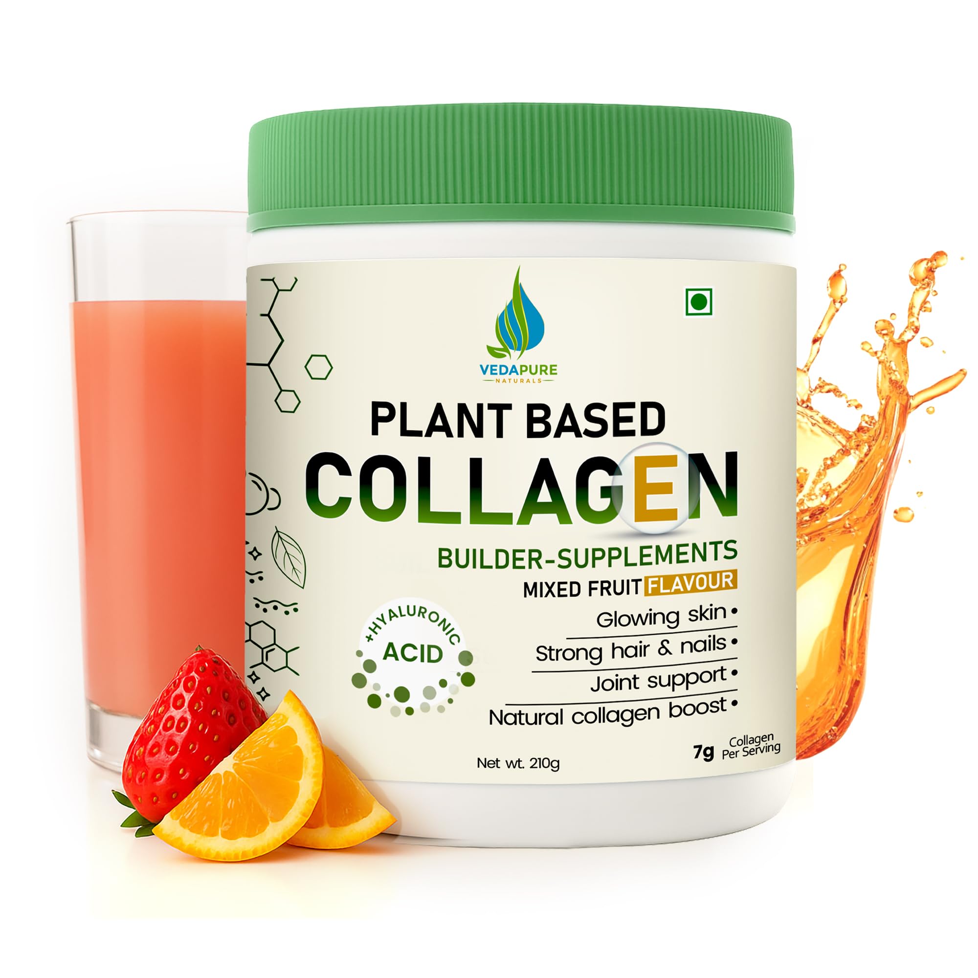 VEDAPURE Plant Based Collagen Powder For Women & Men (210g), Mixed Fruit Collagen Supplements For Skin, Hair, Bones & Overall Wellness, Booster With Biotin, Vitamin E & C And Hyaluronic Acid