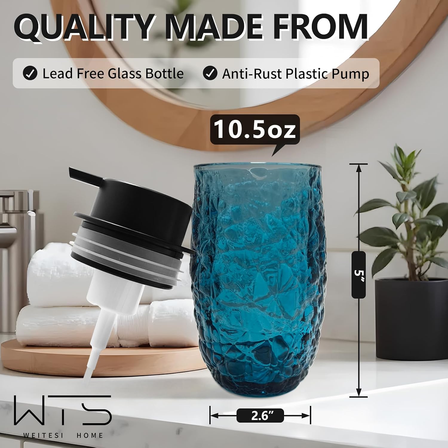 Foaming Soap Dispenser, 10.5oz Foam Hand Soap Dispenser with Black Pump for Bathroom Kitchen, Refillable Blue Glass Pump Bottles for Liquid or Lotion, Modern Home Decor