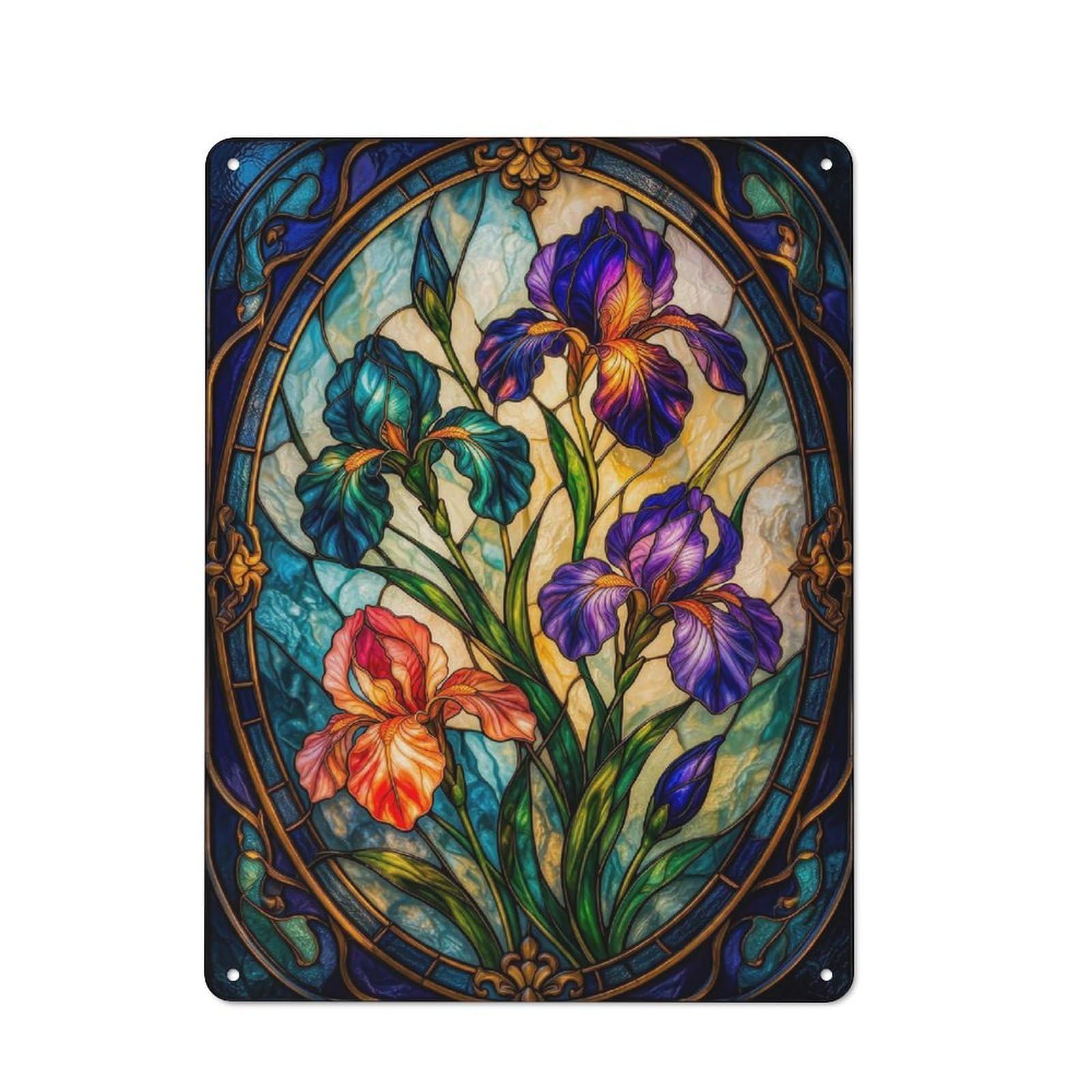 Junmoney Style-21 Stained Glass Irises(2) Metal Wall Plaque 40X30cm, Character Room Wall Plaque For Hallway, Home Bar, Garage Or Study