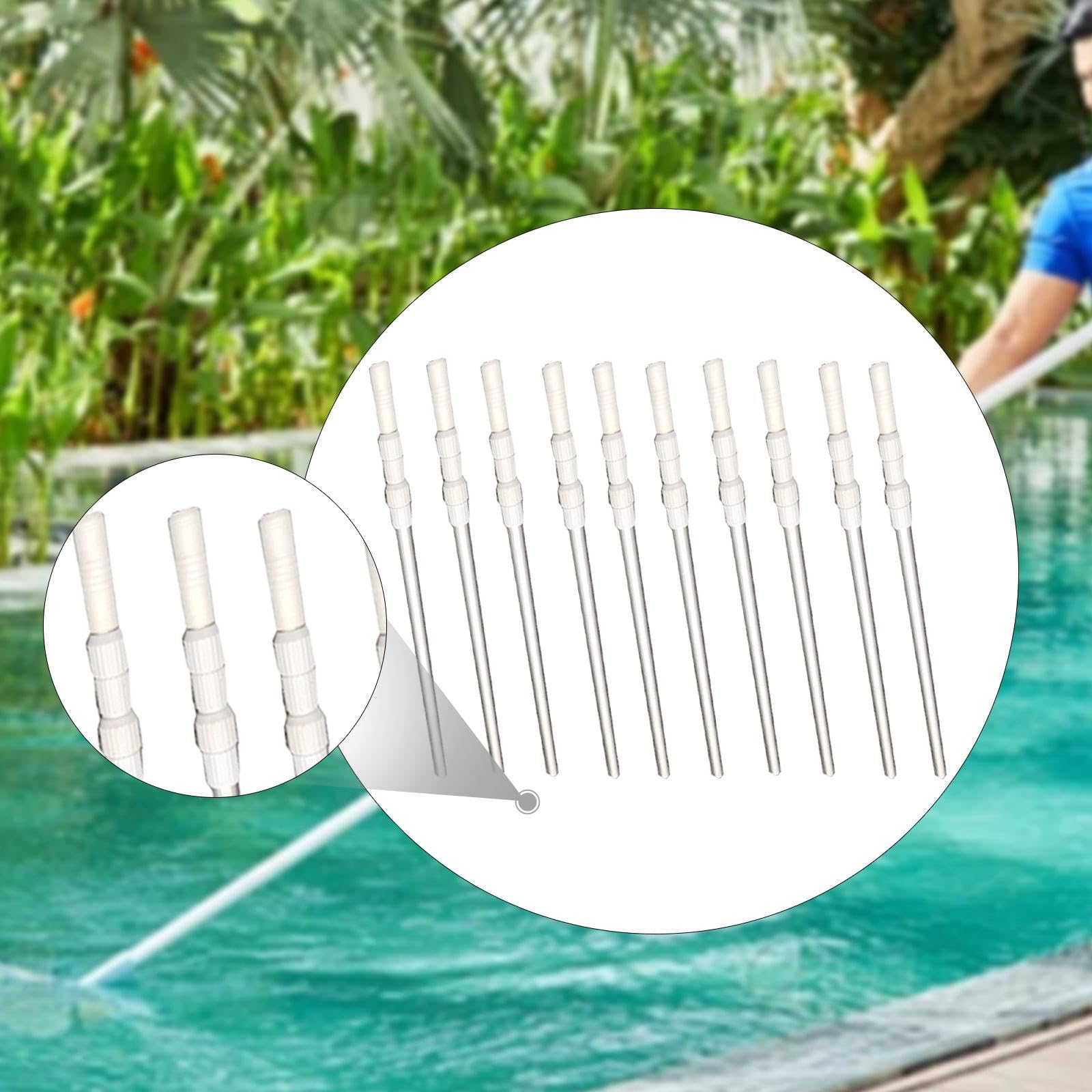 Paquete de 10 Varillas Telescópicas para Limpieza de Piscinas, Ligeras, Retráctiles Y de Longitud Ajustable para Aspiradoras Y Rastrillos de Uso Comer, Plata