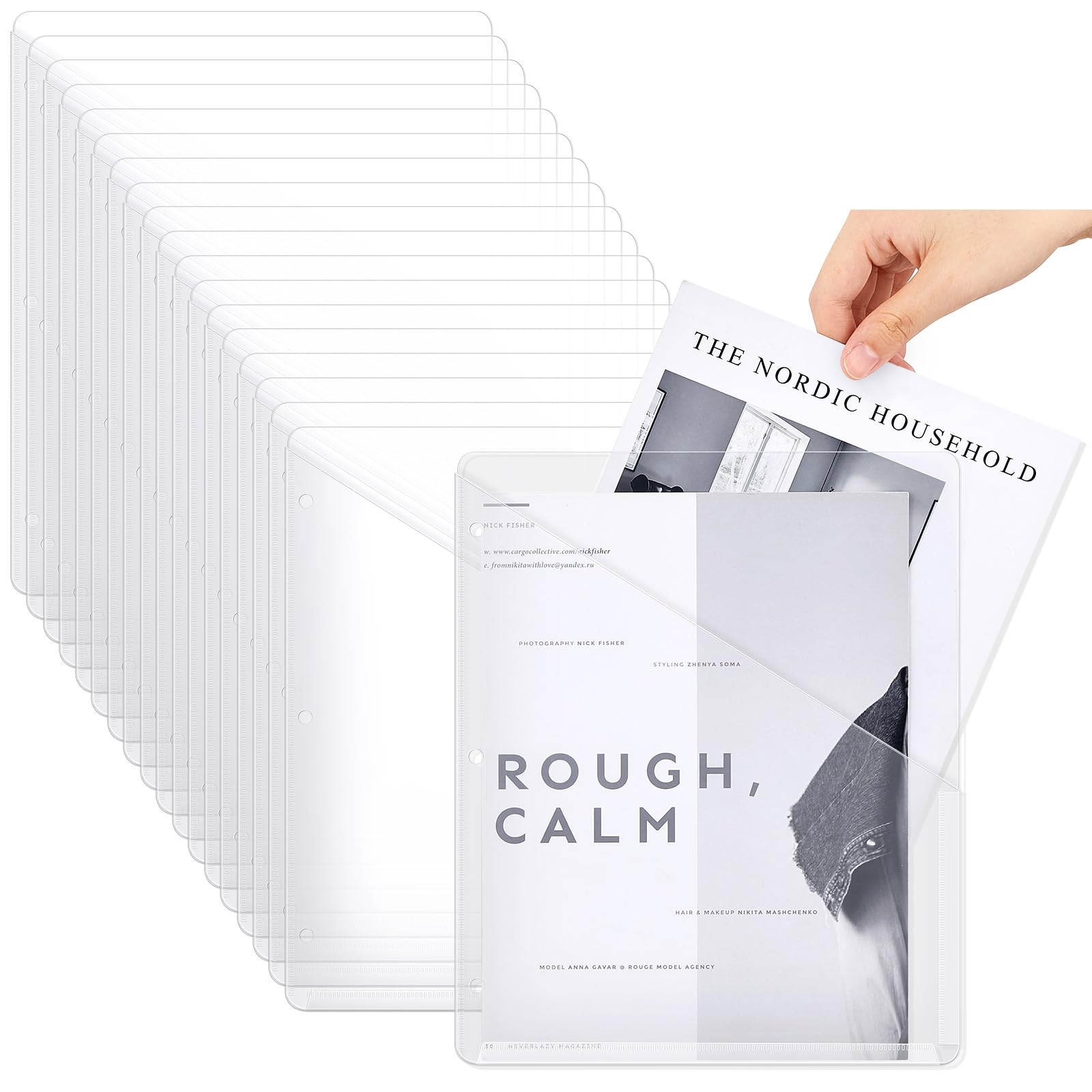 Seajan 24 Pcs Pocket Folders for 3 Ring Binder Clear Plastic Folders Sleeves with 2 Pockets 3 Hole Punch Binder Dividers Poly Slash File Jackets for