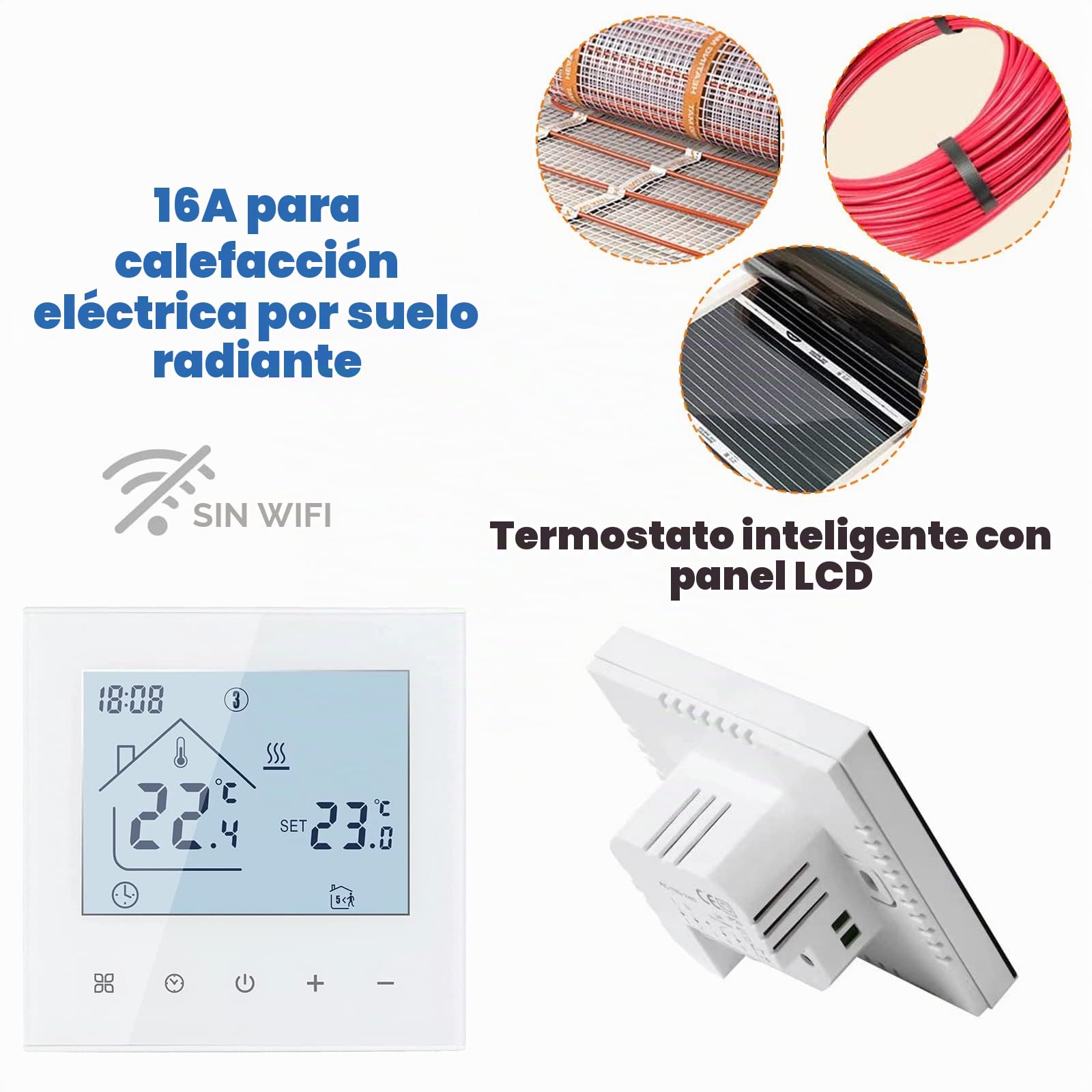 Termostato Digital para Habitaciones, Pantalla LED, regulador de Temperatura, programable semanalmente, para calefacción eléctrica por Suelo Radiante (Blanco,16 A)
