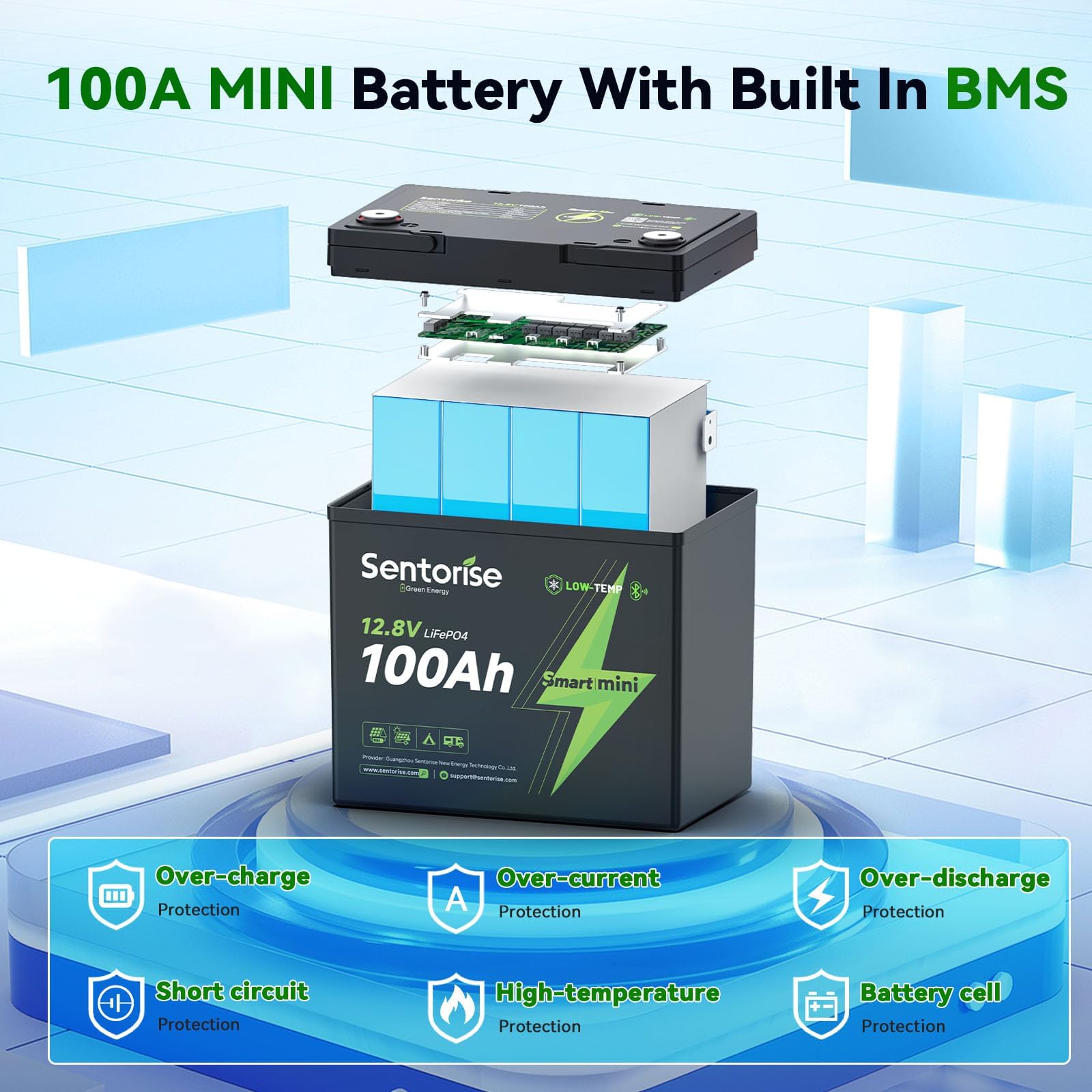 12V 100Ah Mini LiFePO4 Batterie, Kompakte Tiefzyklus Lithium Batterie mit Smart BMS, Bluetooth, Tieftemperaturschutz, 4000+ Zyklen, Platzsparendes Design für Wohnmobil, Marine