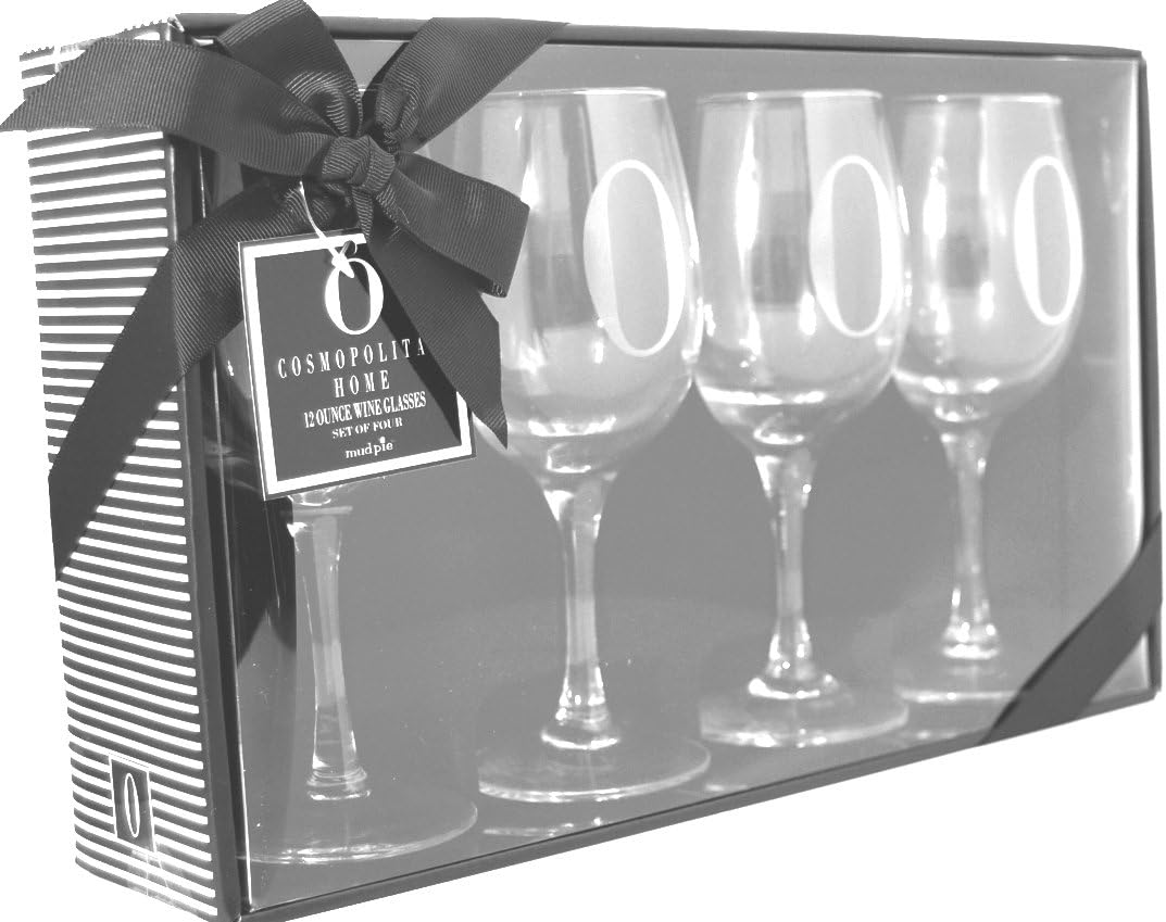 Cosmopolitan Home by Mud Pie, Set of 4, 12 Ounce Stemmed Wine Glasses with Monogrammed K