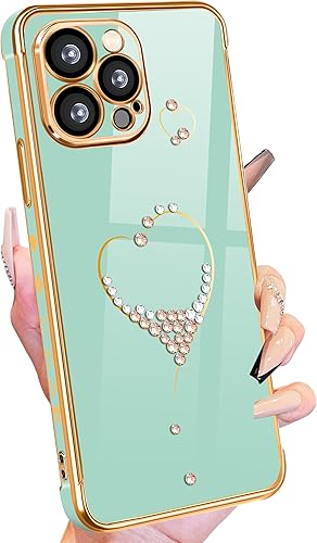 Petitian Funda para iPhone 13 Pro Max, bonita funda de corazón con purpurina para iPhone 13 Pro Max, cubierta femenina chapada en oro para 13 Promax