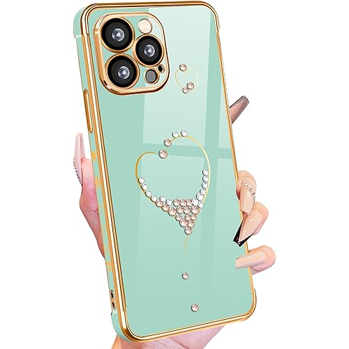 Petitian for iPhone 13 Pro Max Case, Cute Women Girls Bling Glitter Designed Heart Cases for iPhone 13 Pro Max, Girly Gold Plating Cover for 13 Promax with Camera Protector Mint Green