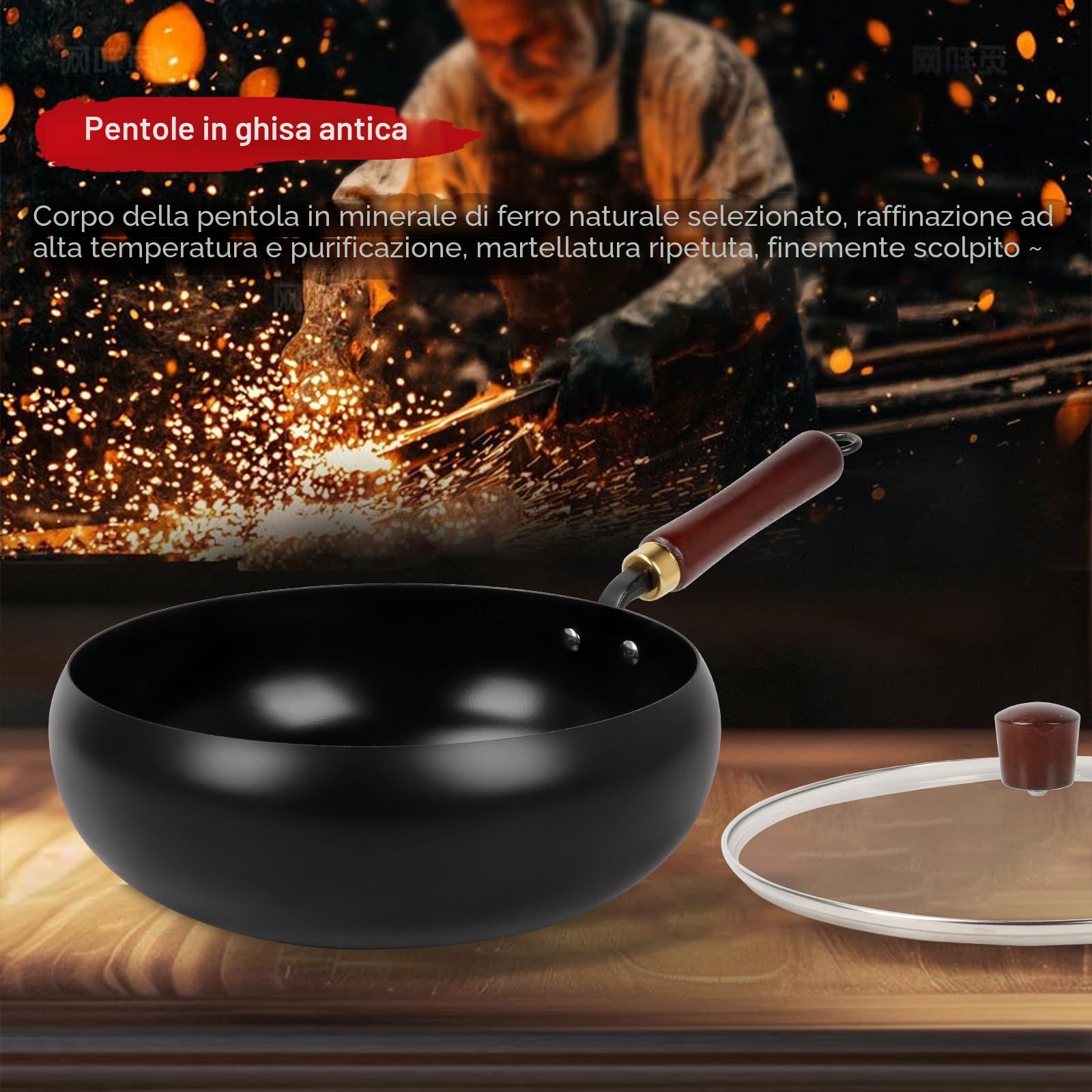 Padella Wok Antiaderente 28cm, Padella in Ghisa con Coperchio in Vetro, Mano in Legno e Pala, Pentola Wok Antiaderente Senza Rivestimento Forgiata a Mano, Tegame Saltapasta per Fornelli e Induzione