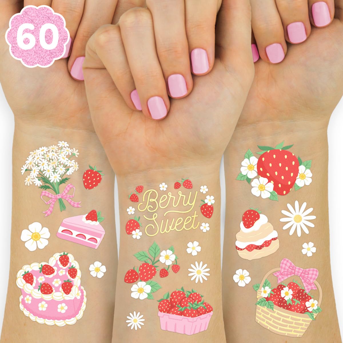 xo, Fetti 60pc Strawberry Temporary Tattoos | Kids Party Berry Birthday