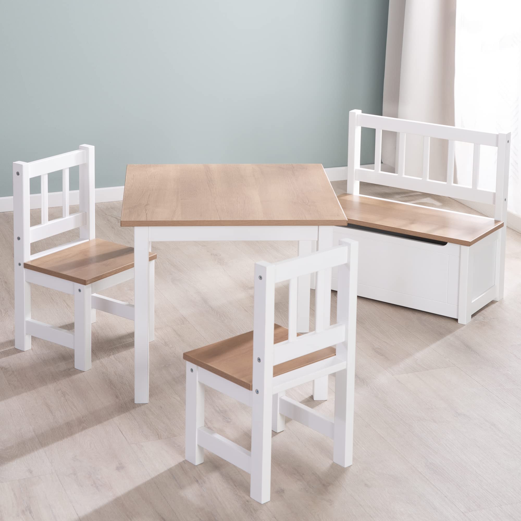roba Banc-Coffre à Jouets Woody pour Enfant en Bois - Résistant aux Rayures - avec Charnière de Sécurité à Fermeture Douce - dès 18 Mois - Blanc/Aspect Bois