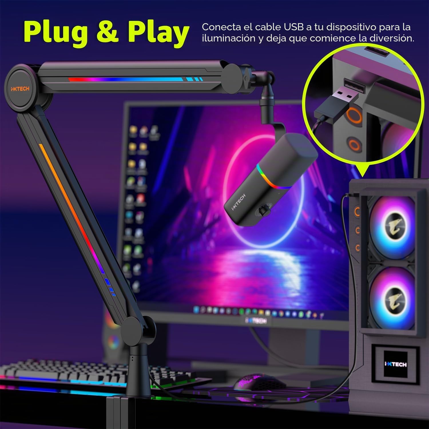 IXTECH Brazo de micrófono RGB de perfil alto, soporte de micrófono de brazo superior para escritorio, soporte de micrófono ajustable con soporte de escritorio, brazo de micrófono para transmisión en