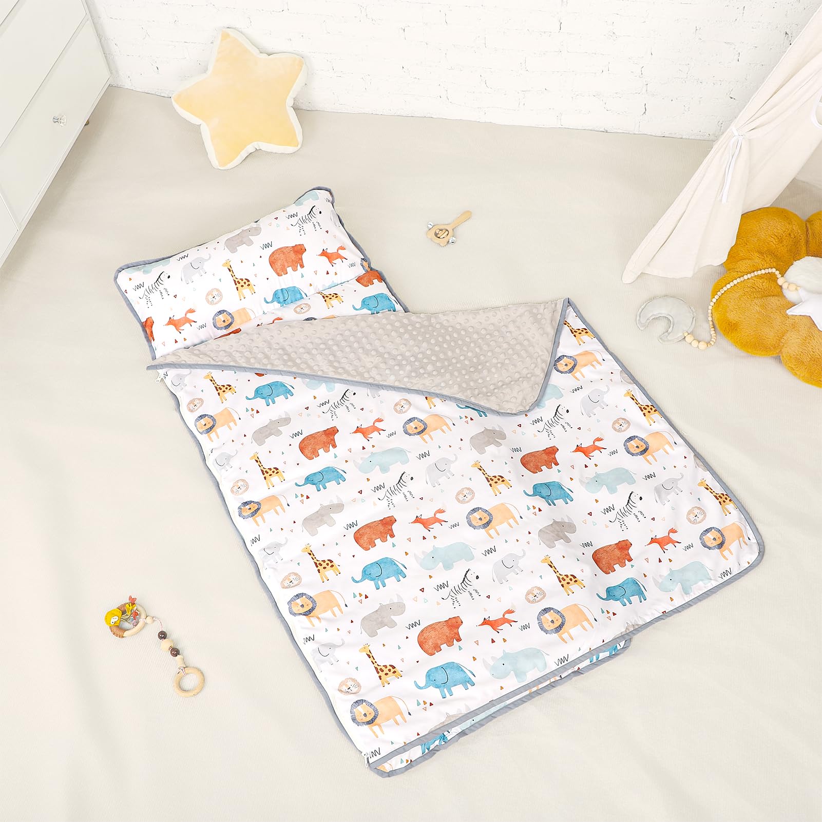 ManFaiSky Toddler Nap Mat for Preschool, Kids Sleeping Mat with Removeable Pillow and Minky Dot Blanket, Kids Sleeping Bag for Boys Girls, Detachable Zipper, Animals