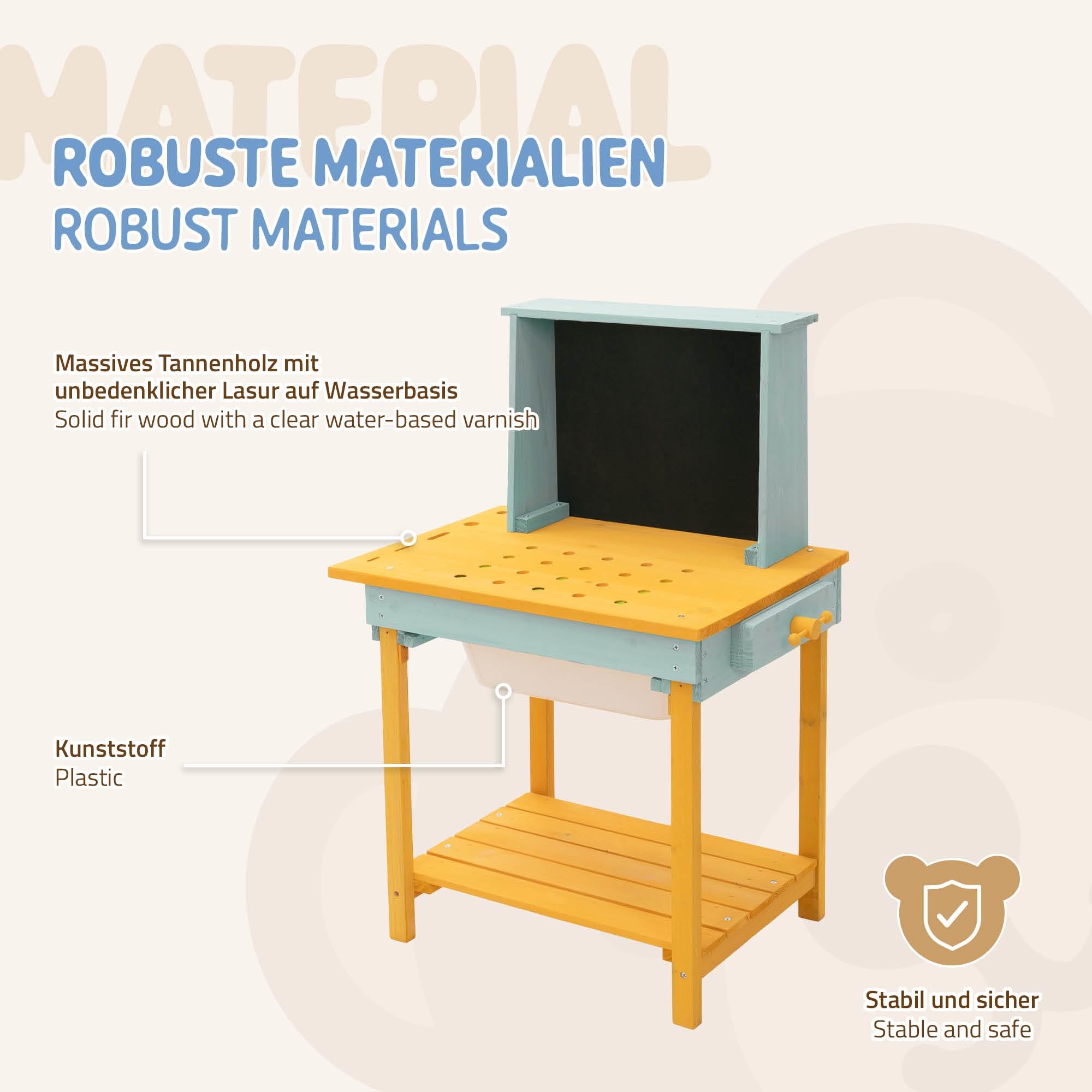 Joyz Warsztat dla Dziecka z Drewna, Drewniany Warsztat z Tablica i Akcesoriami, Stól Majsterkowicza z Litego Drewna Jodlowego, Odporny na Warunki Atmosferyczne do Ogrodu, dla Dzieci od 3 Lat