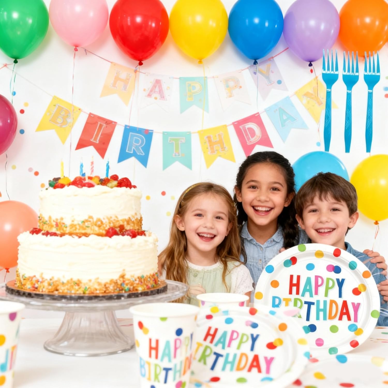 Birthday Plates & Napkins Supplies Tableware Set With 9" & 7" Colorful Dot Paper Plates Cups Plastic Napkins Forks Disposable Dinnerware Happy Birthday Party Decorations - Image 5