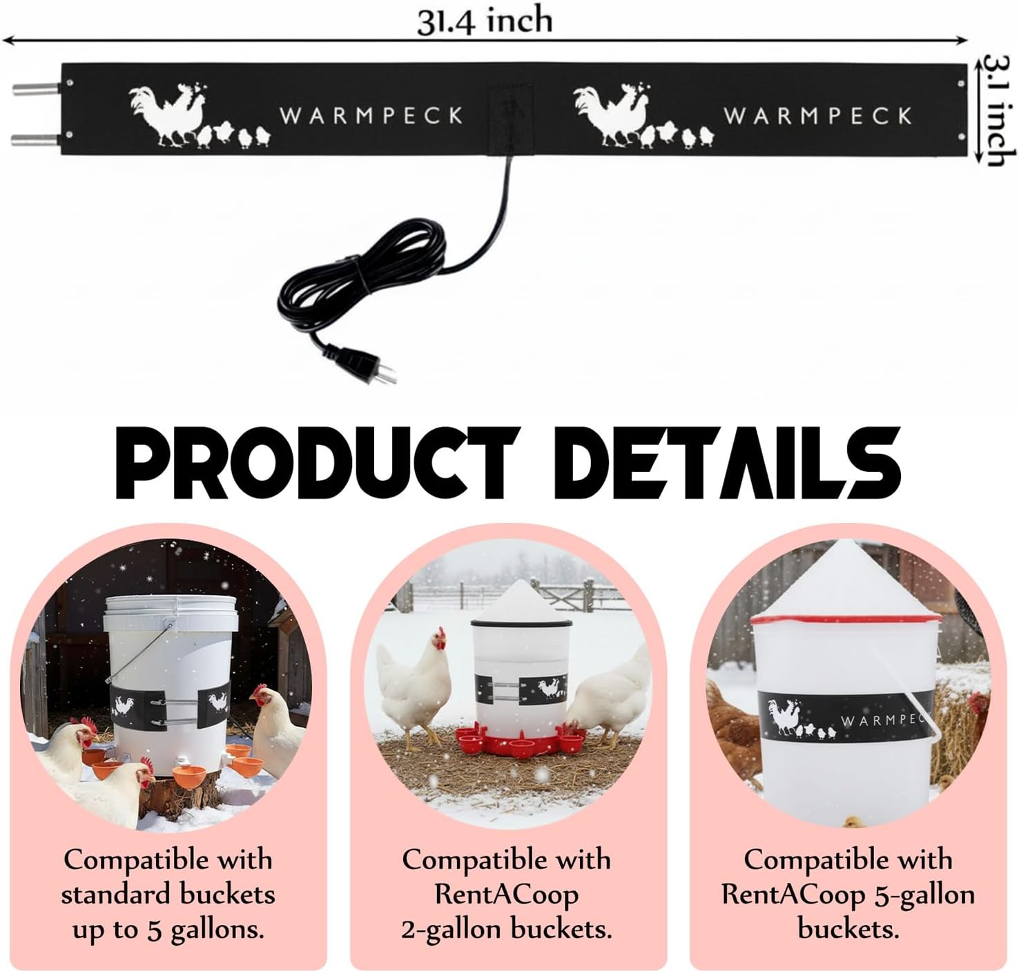 Remerry 2 Pack Chicken Water Heater Thermostat Bucket Belt Heated Strap for 2-5 Gal Buckets Chicken Waterer with 6ft Power Cord Self Regulating Heating Bucket Belt for Freezing Winter (Black)