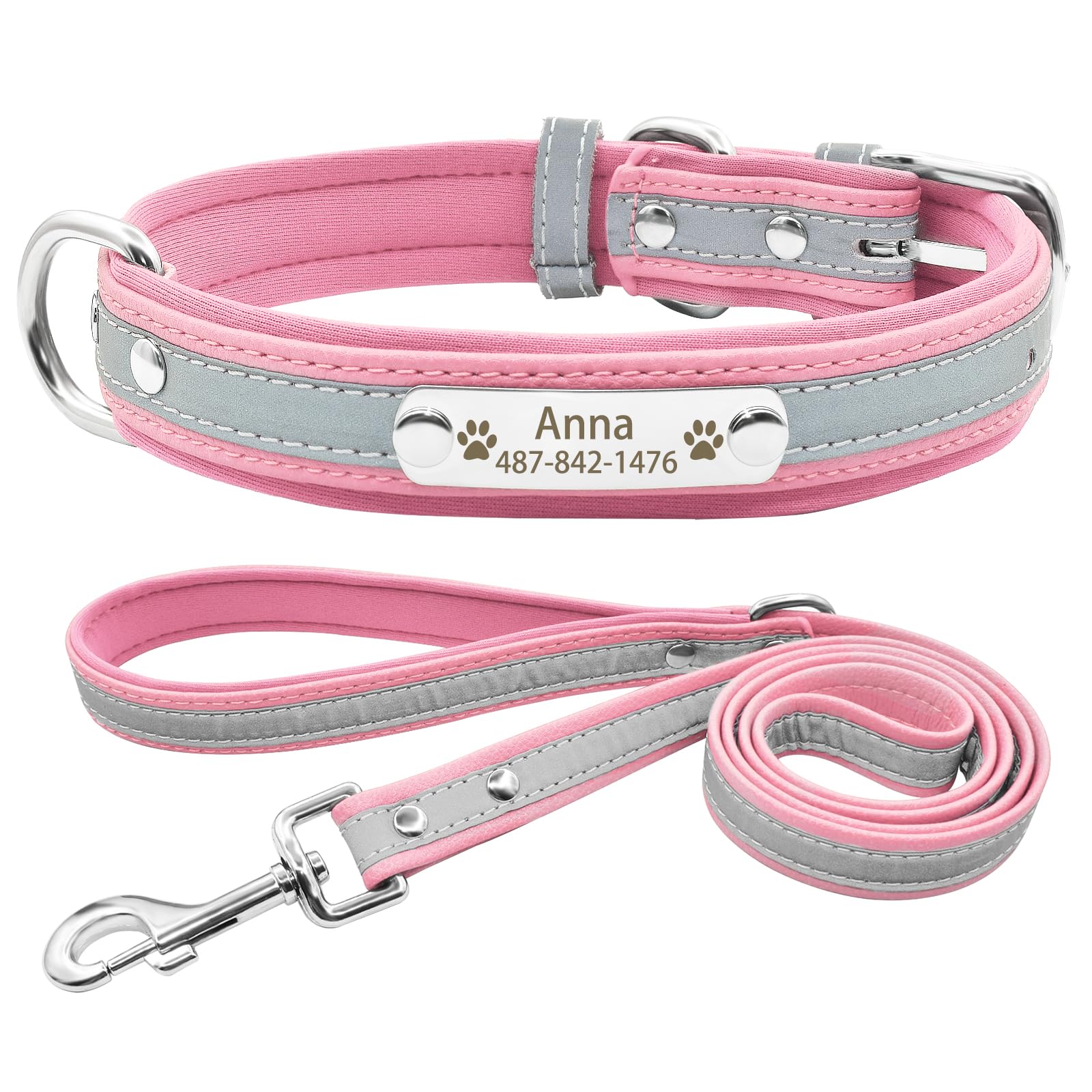 Senristar Personalised Neoprene Padded Reflective Dog Collar and Leash Set,Custom Engraved Dog Collar with Name Plate for Small Medium Large Dogs (M,Pink Set)