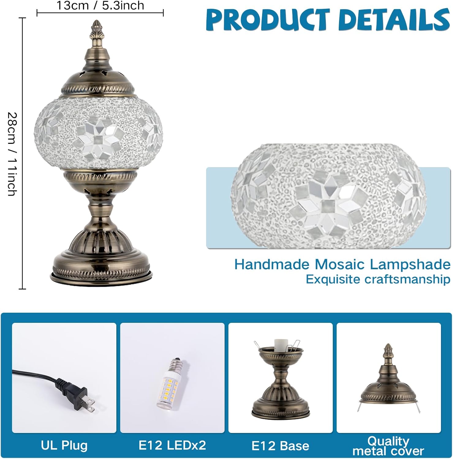 GOGERS Turkish Moroccan Table Lamp Lantern with Handmade Mosaic Glass Lampshade Tiffany Style Bohemian Stained Glass Decorative Desk Lamps Bedside Night Lights for Bedroom (White Fancy)