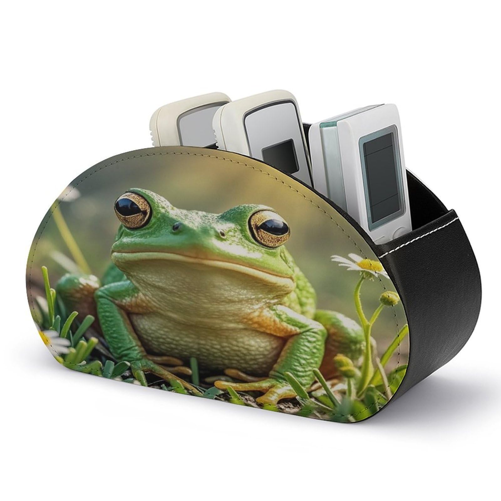 FekiLoot Leather TV Remote Control Holder with 5 Compartments Multifunctional TV Remote Holder Bedside Table Remote Caddy Storage Box Cute Frog Remote Organizer for Home Office