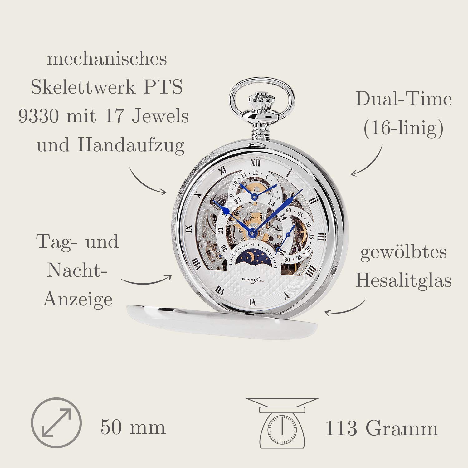 Hermann Jäckle Herren Taschenuhr Calw Skelett Dual Time 50 mm | Made in Germany, Dual Time Anzeige, Handaufzugswerk, beidseitig offen, inklusive Kette und Reiseetui