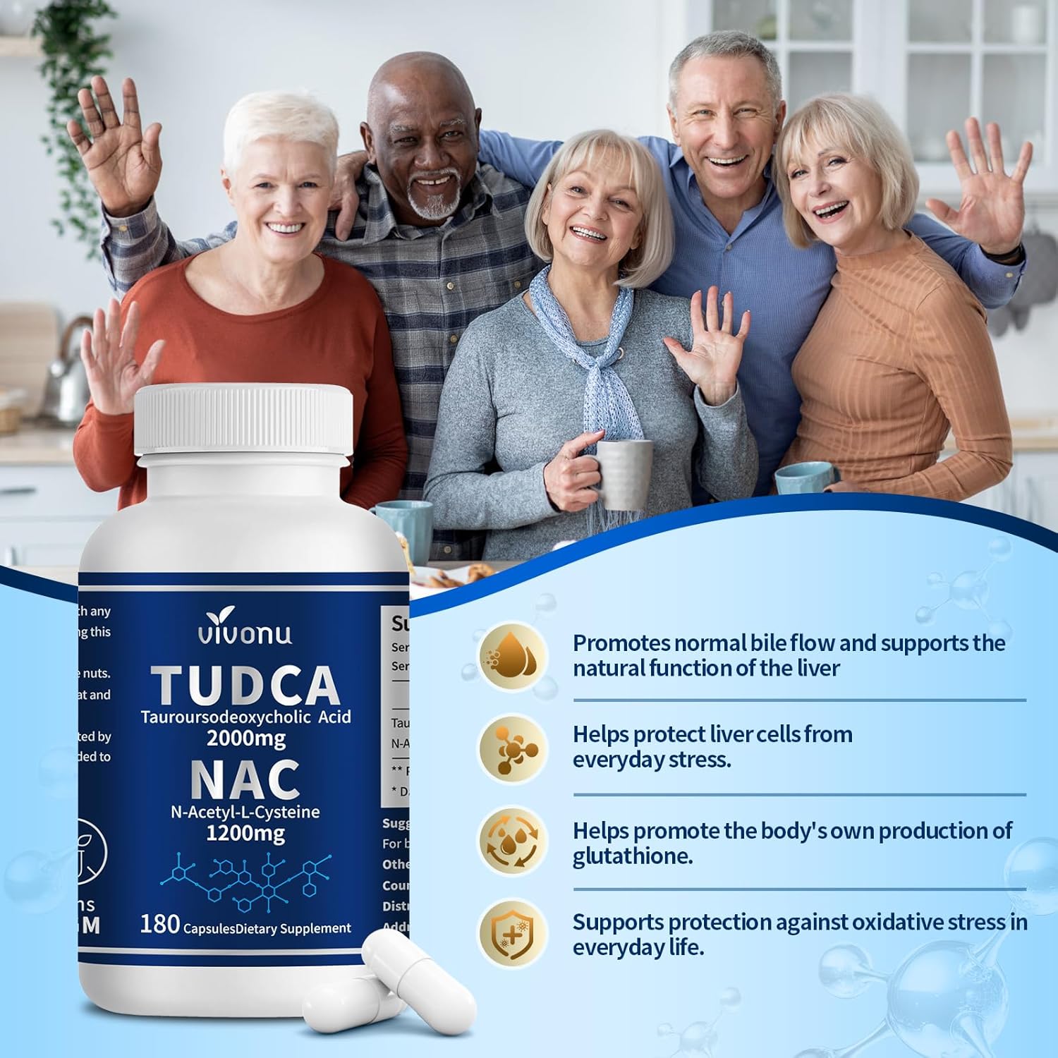 VivoNu TUDCA 2000mg + NAC 1200mg Supplement Complex Capsules, Powerful TUDCA Bile Salt + N Acetyl Cysteine, Antioxidant Supplements for Liver & Lung& Gallbladder Cleanse, Digestion - 180 Capsules