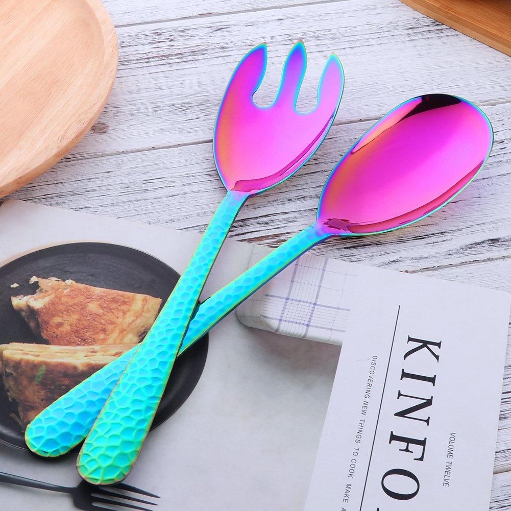 BISDARUN 30.8 cm Stainless Steel Salad Servers, Rainbow Salad Spoon and Salad Forks, Dishwasher Safe and Mirror Polished - Image 3