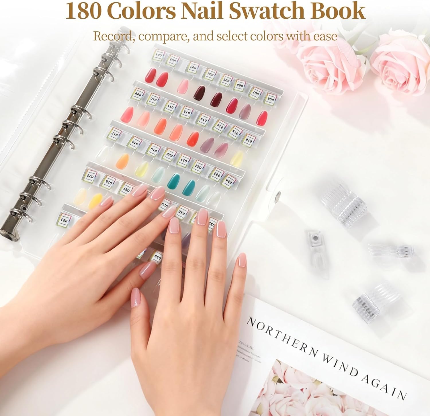 180 Colors Nail Swatch Book With Strong Attachment Force, Nail Organizer Storage with Transparent Nails for Gel Polish Showing, False Nail Tips, Salon Nail Art Color Chart, 11 x 8.1 in