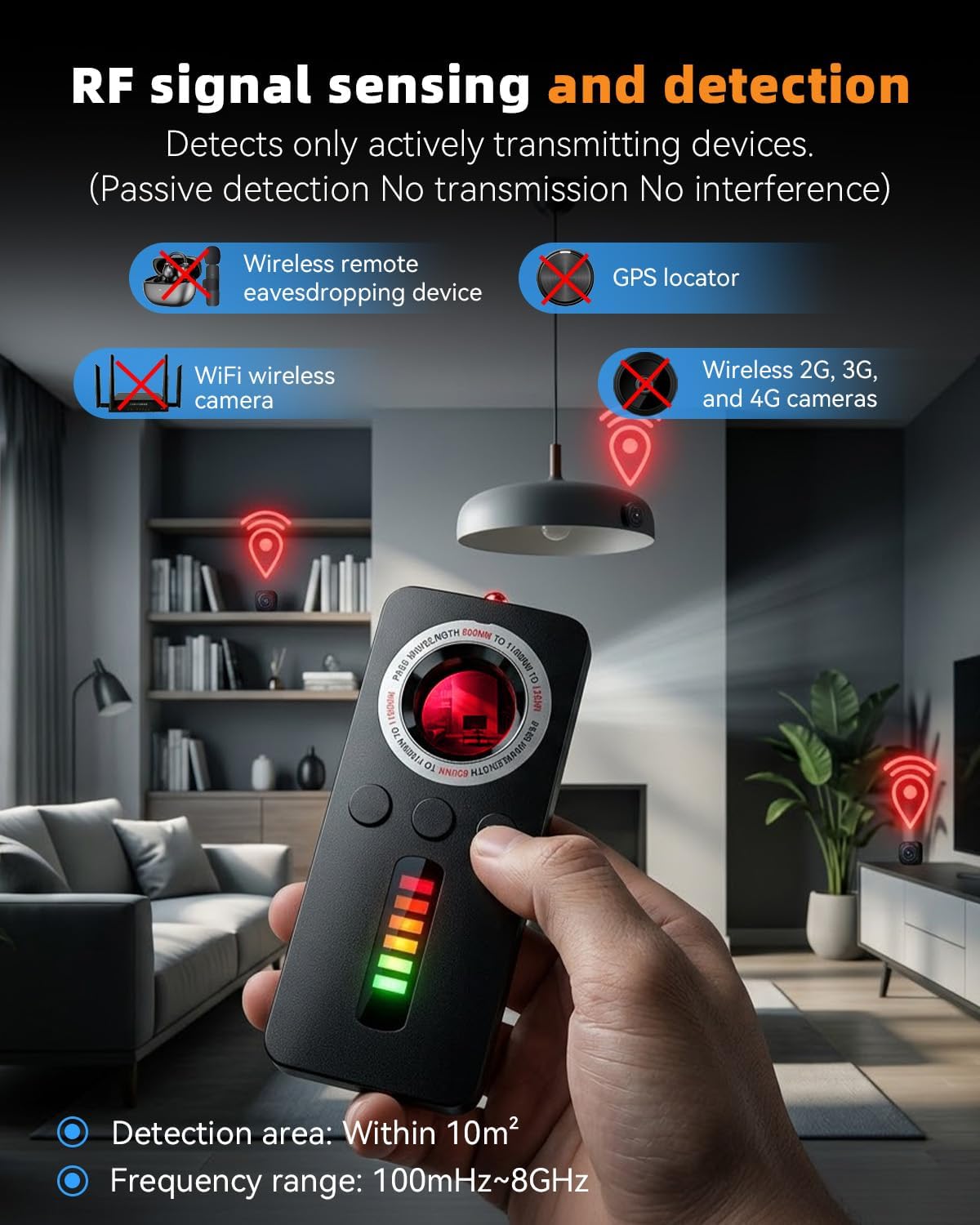 AI Privacy Pen Hidden Camera Detector,Portable Anti-Spy Bug Finder with Listening Device Detection,GPS Tracker Detector with RF & WiFi Signal Scanner, Privacy Protection for Hotels,Travel,Home,Office