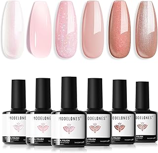 modelones Gel Nail Polish Set 6 Colors Nude Pink Glitter Gel Nail Polish Neutral Pearl White Pink Shimmer Skin Tone Soak Off LED Bubble Bath Collection Nail Art DIY Salon All Seasons Gift For Women
