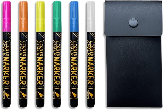 JJPRO Neon Bright Liquid Chalk Markers - Fine Tip, 6 Assorted Colors, Perfect for Smooth Surfaces like Acrylic Calendar, Planning Boards, and Glass. Erasable and Eco-Friendly