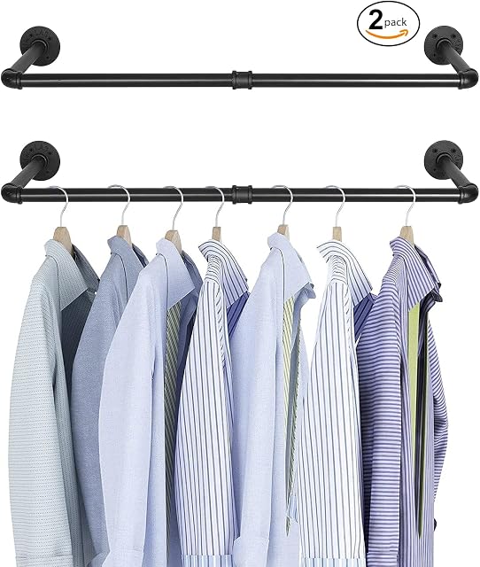 BQKOZFIN Industrial Pipe Wall Mounted Clothes Rack Width 34.6''/88cm, Iron Garment Rod, Vintage Garment Rack, Clothing Hanging Rod for Bathroom, Bedroom, Laundry Room, 2 Pieces