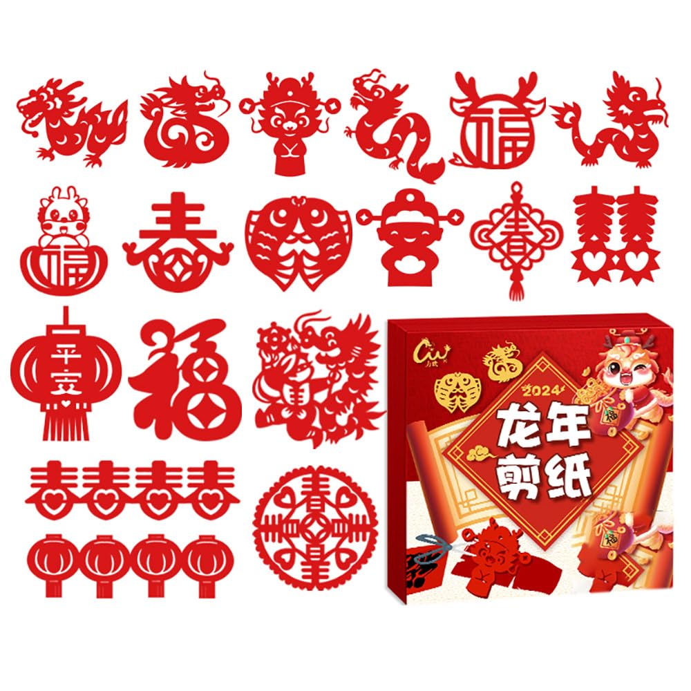 Chinese Handmade Paper-Cut, 30/32/60/80/100pcs Traditional Art Paper Cutting, Fun Paper Art Crafts Kits for Window Decoration Spring Festival Chinese