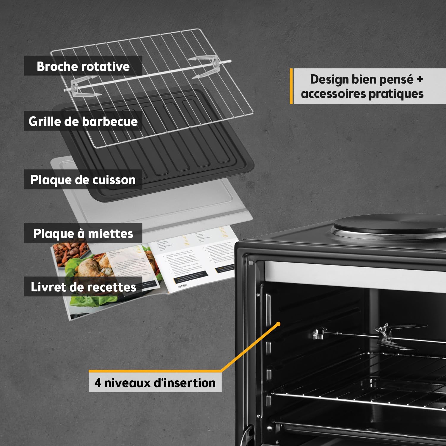 TZS First Austria - Mini-Four avec plaques de cuisson 45L 3200 W - Four à pizza jusqu'à 230°C & revêtement antiadhésif - Multifonction avec 4 hauteurs d'insertion & accessoires de haute qualité