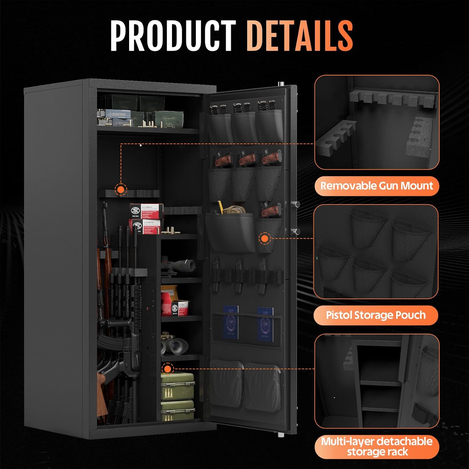 KAER Large Biometric Gun Safe for Rifles and Pistols,Storage 20-25 Firearms (with/Without Scopes),Gun Cabinet with Adjustable Storage/Pistol Pouches Rifle Safe for Home Defense,Hunting,Shooting,AR-15