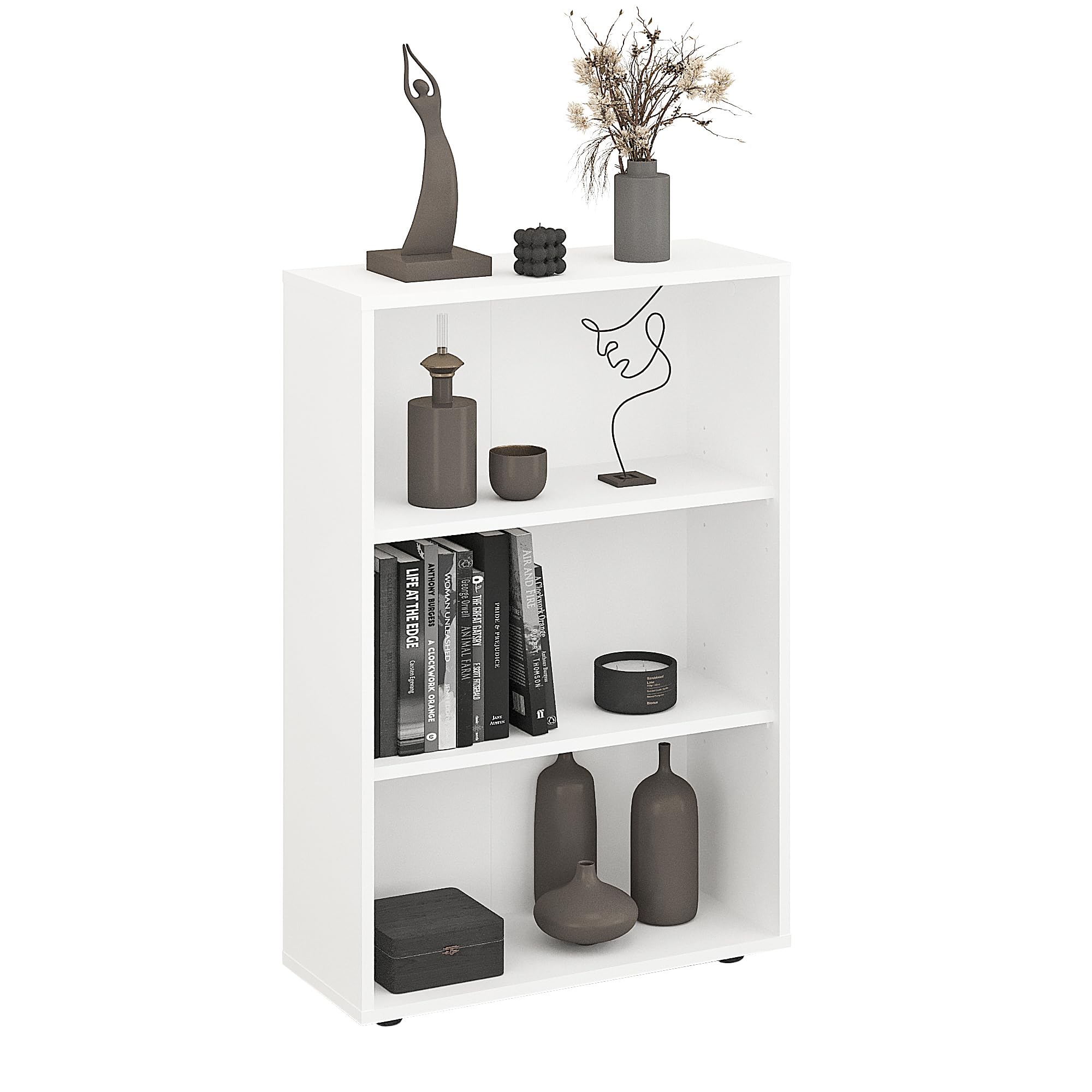 KOMTO Regal 60 cm breit Weiß - Bücherregal mit 3 Ebenen und Höhenverstellbare Regale, Standregal, Aufbewahrungsregal | Bookshelf Lumo 60 x 90 x 24 cm (BxHxT)