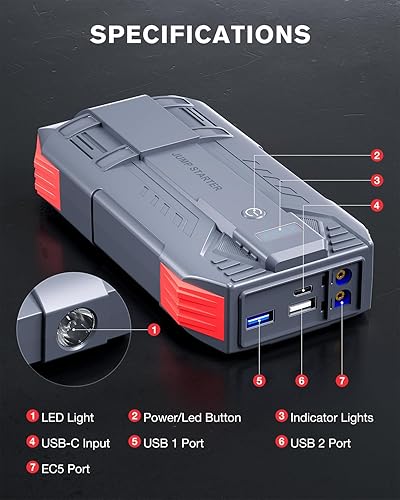 Miniatura 6 de Arrancador de batería de coche de 4000 A, arrancador portátil para motores de gasolina de hasta 10 L y 8 L diésel, caja de salto de 12 V con 3 modos