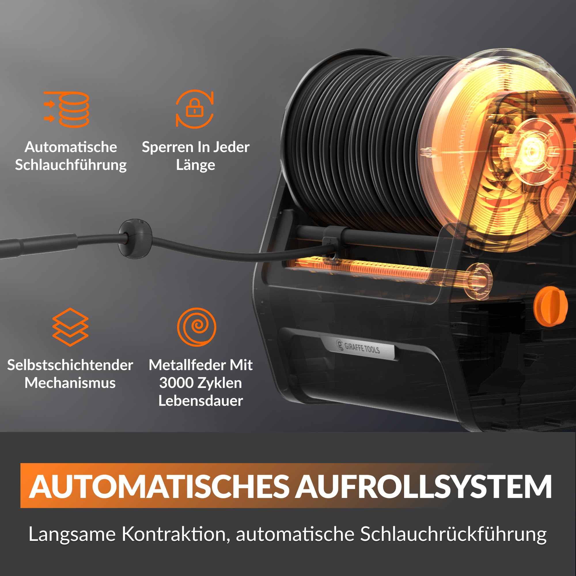 Giraffe Tools Wandmontierter Hochdruckreiniger, 1800 Watt, Max 2400 PSI, 2.0 GPM Elektrischer Wasserdruckreiniger, mit 30M Einziehbarem Schlauch, für Autos/Zäune/Garten, Schwarzer Harter Schlauch