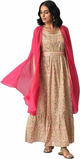 Aurelia Women Printed Flared Inner Maxi Dress and Gilet Set