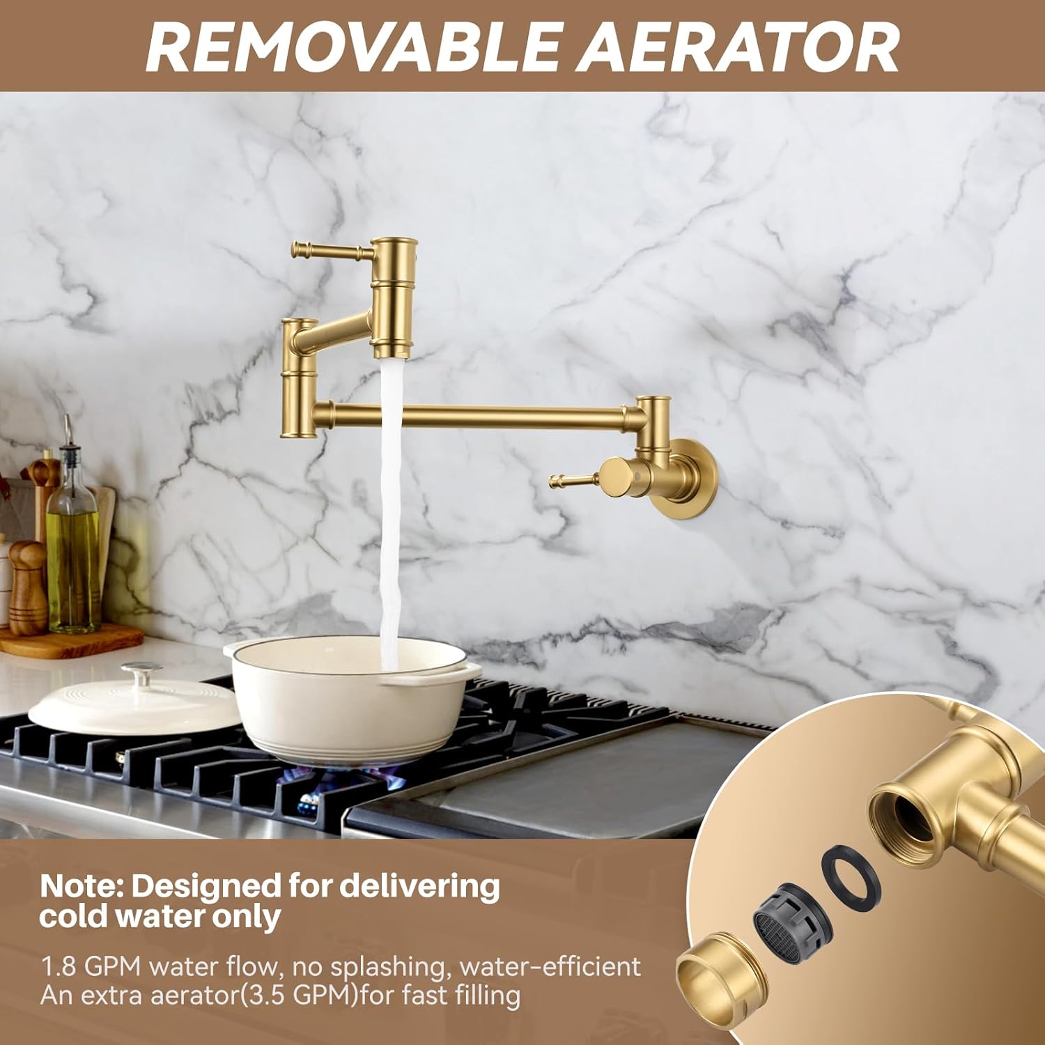 ALEASHA Brushed Gold Pot Filler Faucet, Folding Kitchen Faucet Single Hole 2 Handle Wall Mount Over Stove