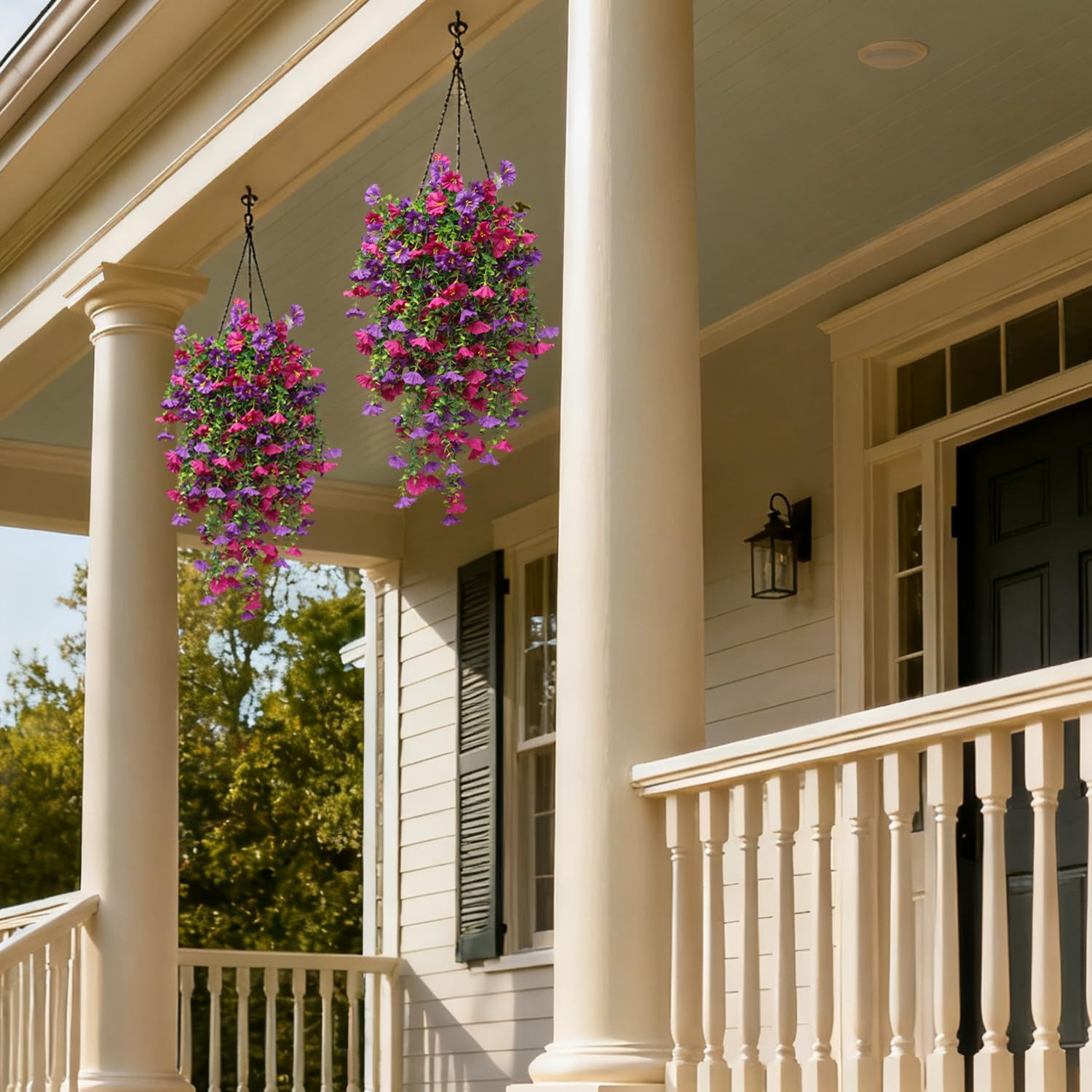 Artificial Hanging Flowers, 4pcs Fake Morning Glory & Eucalyptus Plants for Planter, Porch, Patio, Indoor Decor