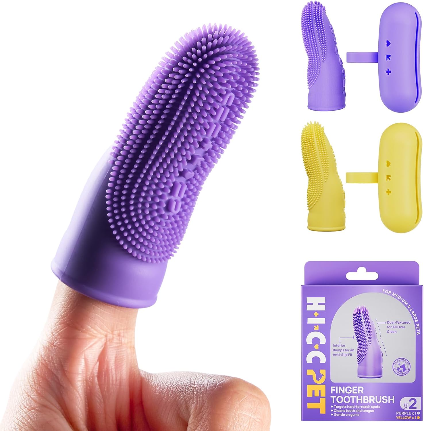 HICC PET Dog Toothbrush 2-Pack, Anti-Slip Finger Brush for Plaque & Tartar. | Safer, softer liquid silicone with an anti-slip design for comfortable brushing and plaque and tartar cleaning.