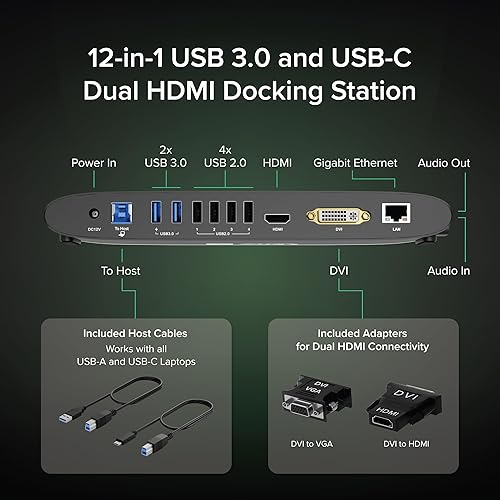 Miniatura 2 de Plugable Estación de acoplamiento universal USB 3.0 para Windows, macOS, ChromeOS (monitores duales HDMI o DVI/VGA, Gigabit Ethernet, audio, 6
