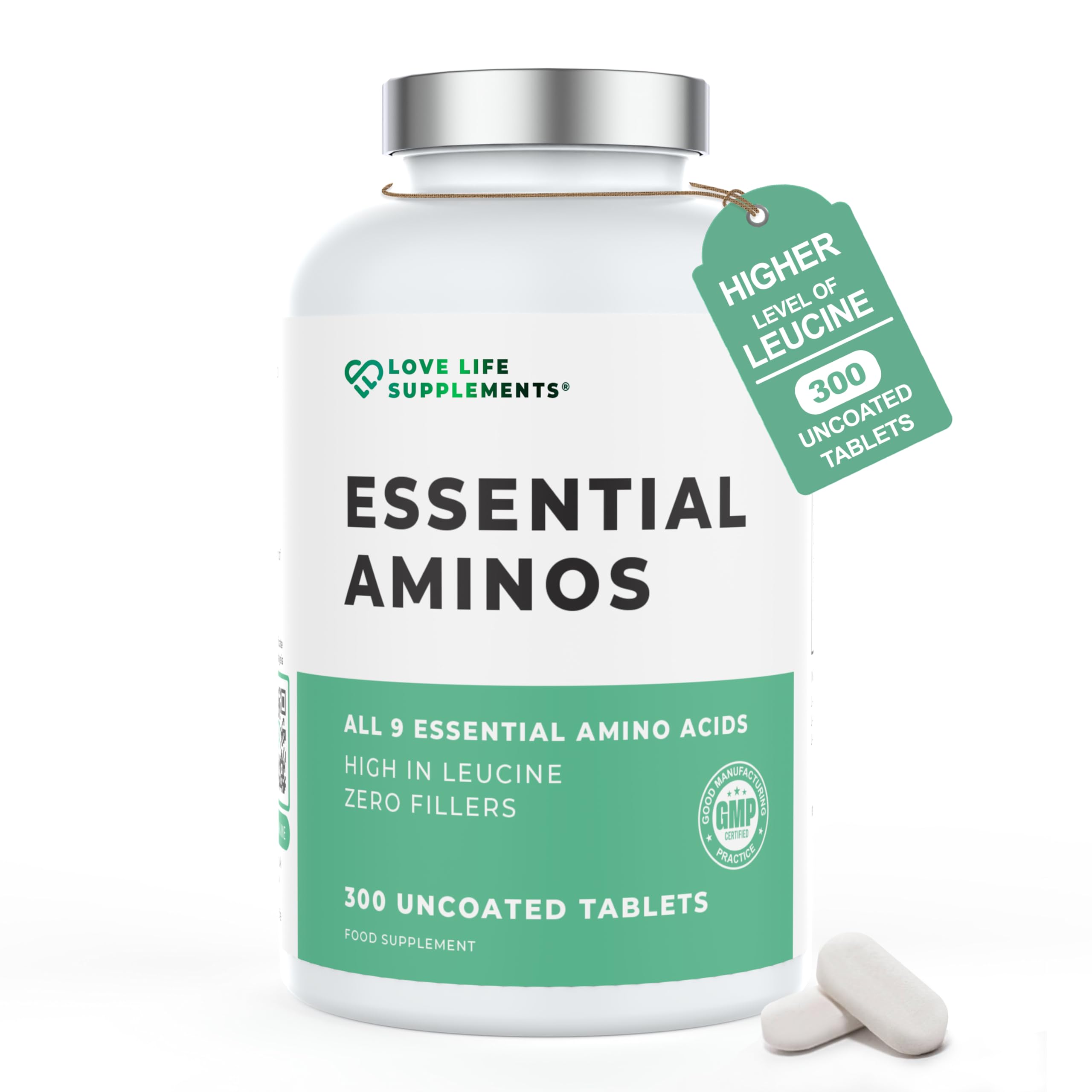 Essential Amino Acids - 300 Easy To Swallow Tablets / 60 Servings - All 9 EAA Amino Acids with All 3 BCAA's Plus 6 More EAAs to Build and Repair Muscle, 5-10g per Serving, High in Leucine and Vegan