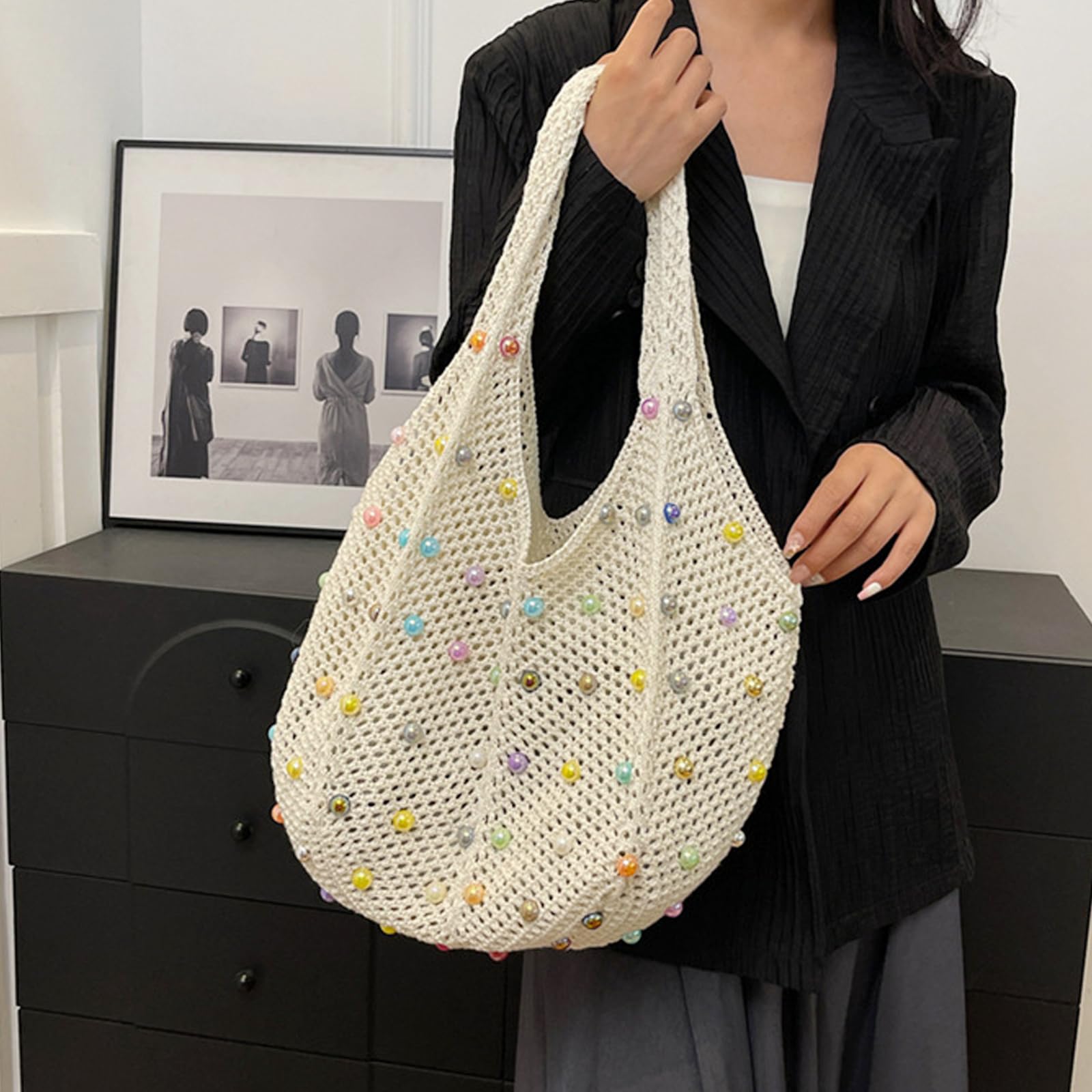Bolso de Playa para Mujer, Bolsa de Playa para Mujer, Bolso de Hombro de Malla Estética, Grande Bolsos de Hombro Tejido, Bolsos de Playa de Malla para Fiestas en la Playa Viajes Compras